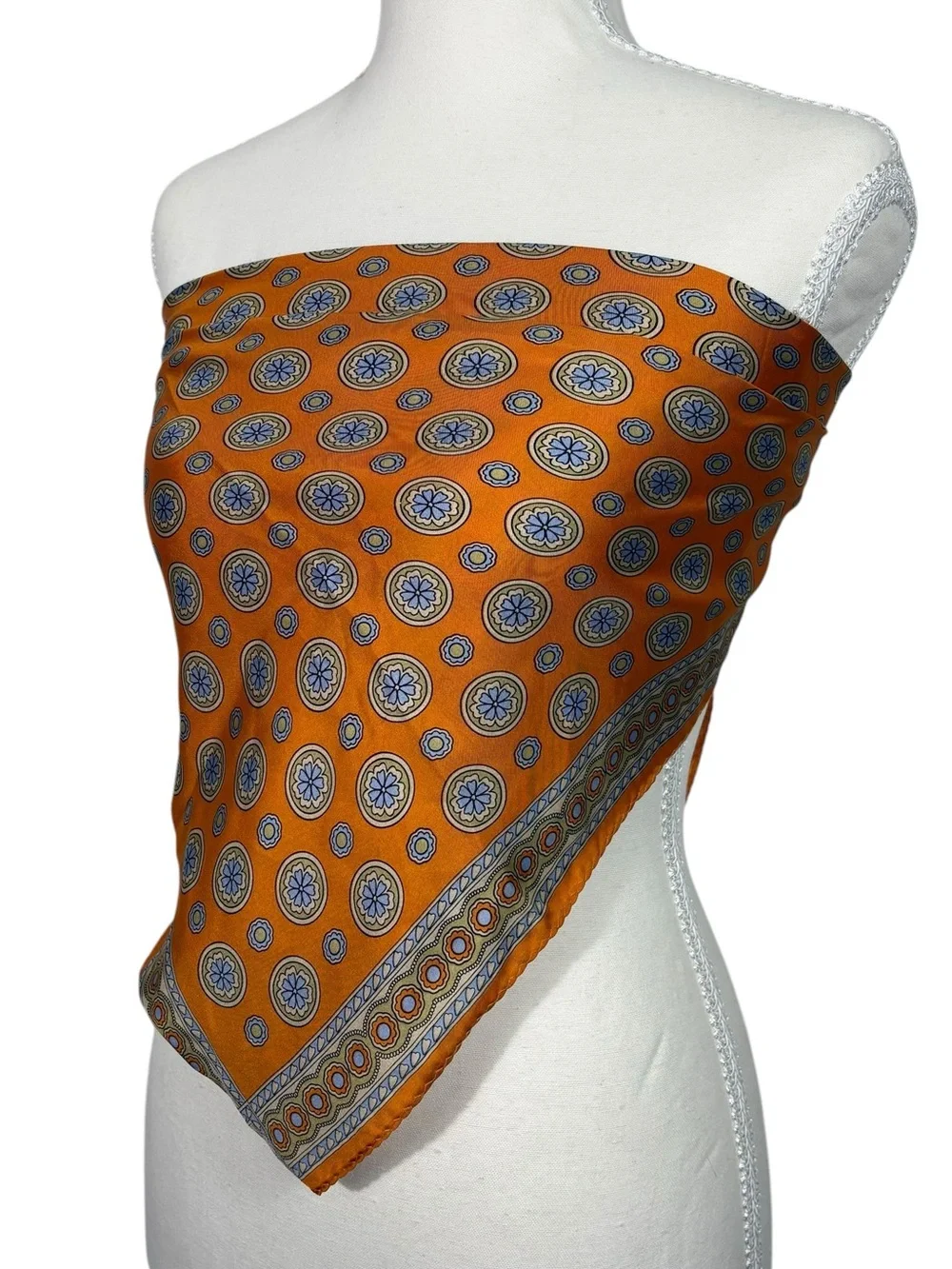 Zara Orange Blue Medallion Pattern Silky Square Scarf Head Wrap Bandeau Festival